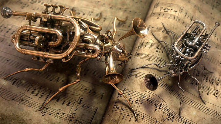 music, insect, brass, books, musical instrument, musical notes, digital art, pages, HD wallpaper
