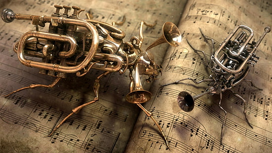 music, insect, brass, books, musical instrument, musical notes, digital art, pages, HD wallpaper HD wallpaper