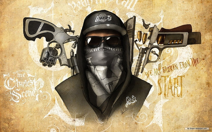 Los Angeles Lakers gangster graphic wallpaper, hoods, gangster, sunglasses, men, artwork, HD wallpaper