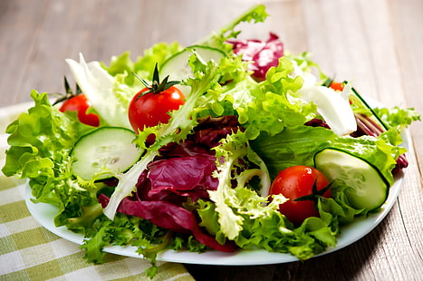 vegetable salad, greens, green, vegetables, tomatoes, cabbage, cucumbers, green salad, HD wallpaper HD wallpaper