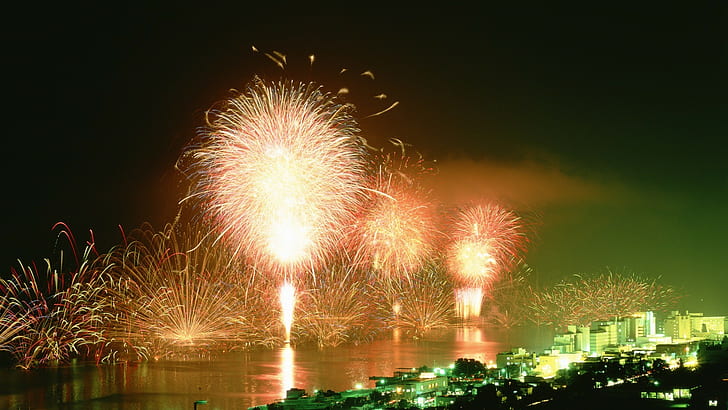 Feuerwerk, Stadt, Stadtbild, Nacht, Lichter der Stadt, HD-Hintergrundbild