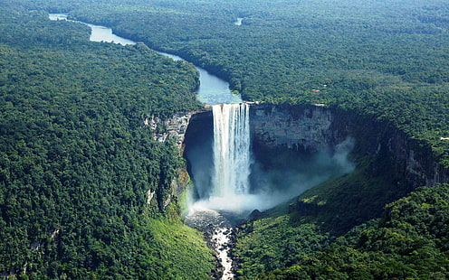 водопады и зеленые листья, природа, горы, водопад, пейзаж, водопад Кайетур, HD обои HD wallpaper
