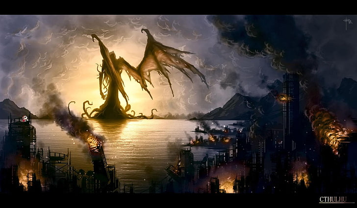 casas em chamas e papel de parede gigante, mar, navio velho, Cthulhu, arte de fantasia, apocalíptico, HD papel de parede