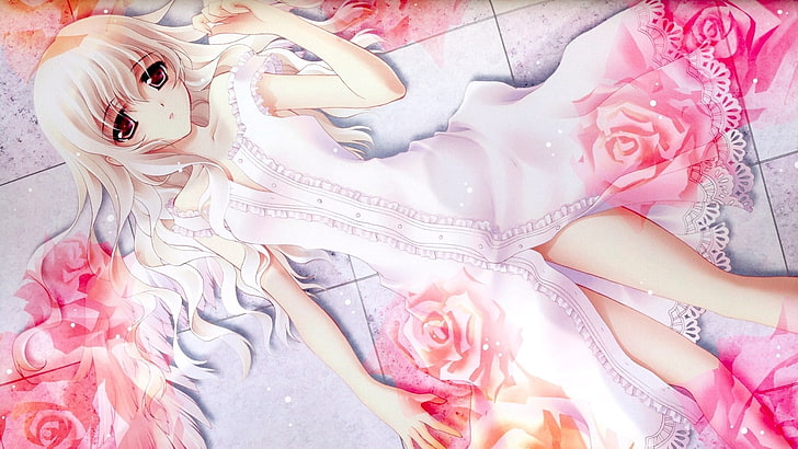бяла коса женски аниме характер илюстрация, момиче, рокля, рози, HD тапет