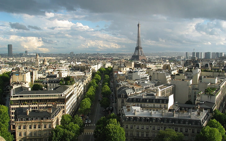 Menara Eiffel, menara, Paris, Perancis, bangunan, jalan, pemandangan atas, Wallpaper HD
