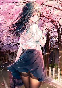  anime girls, black pantyhose, skirt, smiling, HD wallpaper HD wallpaper