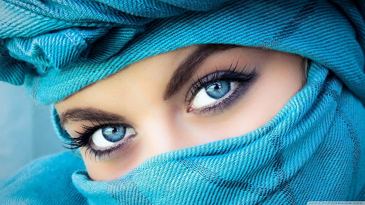 عيون زرقاء ، نساء ، رموش طويلة ، ظلال عيون ، وجه مغطى، خلفية HD