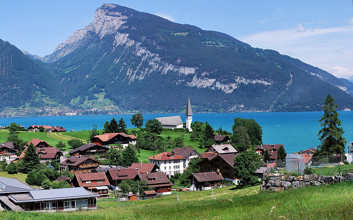 都市、トゥーン湖、スイス、村、湖、山、 HDデスクトップの壁紙