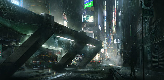 Ficção científica, cidade, chuva, rua, HD papel de parede HD wallpaper