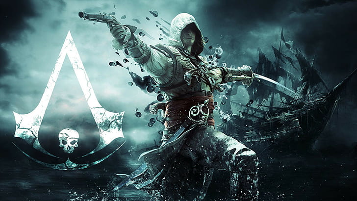 Assassins Creed IV: Черный флаг, Assassins Creed IV: Черный флаг, Ассасин, Пират, Эдвард Кенуэй, пистолет, меч, флаг, корабль, HD обои