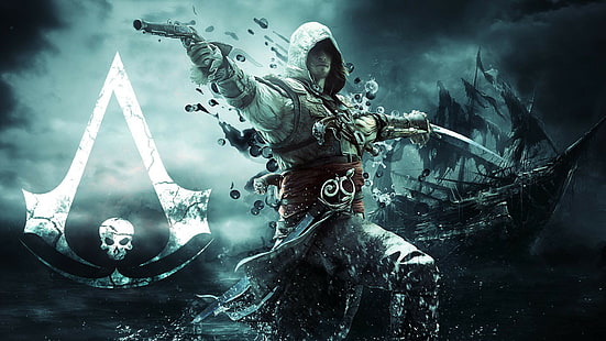Assassins Creed IV: Black Flag, Assassins Creed IV: Black Flag, Assassin, Pirate, Edward Kenuéj, gun, sword, flag, ship, HD wallpaper HD wallpaper
