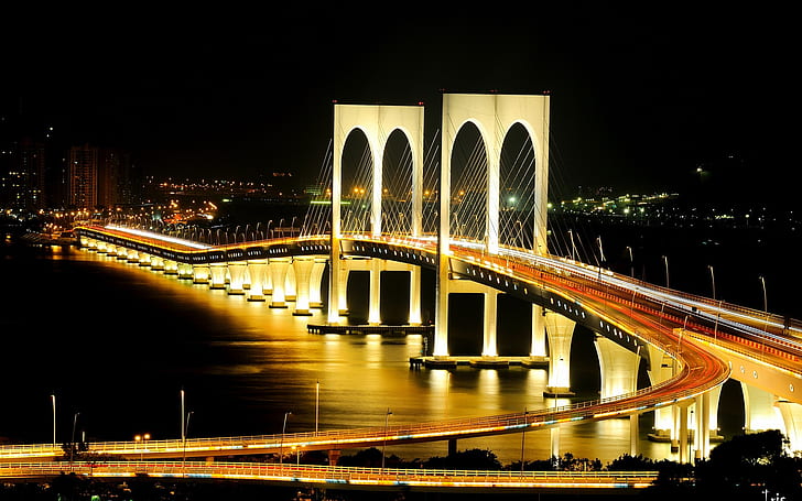 Ponte della città di notte, illuminazione, luci, città, ponte, notte, illuminazione, luci, Sfondo HD