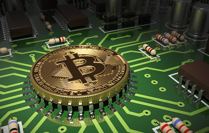 Bitcoin, abstraction, green, chip, color, money, fee, track, art, center, coin, processor, bokeh, gold, wallpaper., bitcoin, led, cryptocurrency, virtual, transistors, HD wallpaper