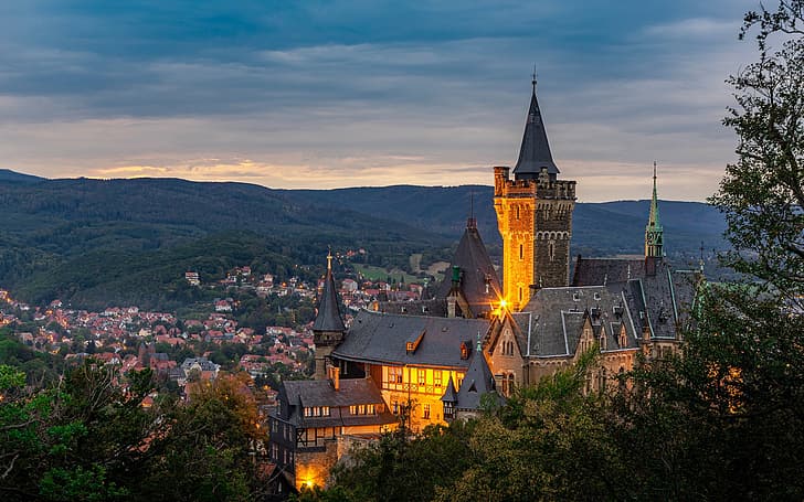 trees, mountains, castle, Germany, panorama, Saxony-Anhalt, Harz Mountains, Wernigerode, Wernigerode Castle, The Harz Mountains, Замок Вернигероде, HD wallpaper