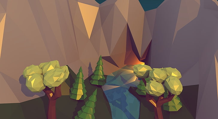 Low Poly Cave, Artistic, 3D, polygons, mountains, blender, cave, lowpoly, HD wallpaper