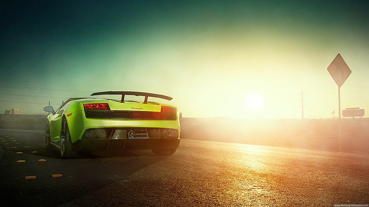 samochód, Lamborghini, zachód słońca, zielone samochody, Tapety HD