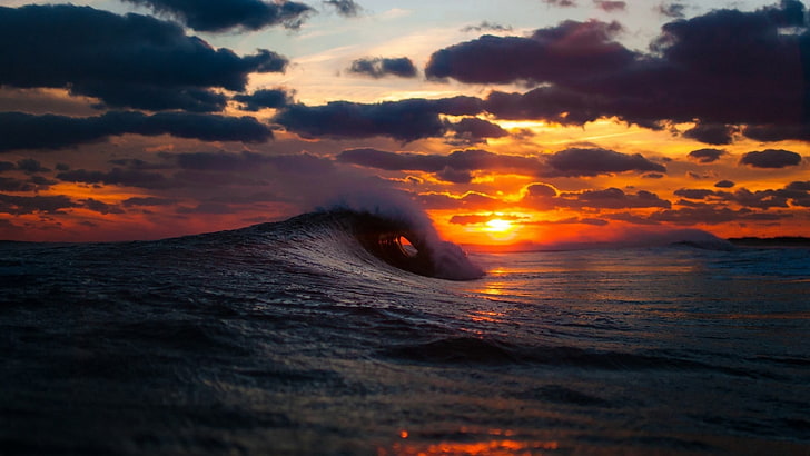 body wave of water, sea, surf, wave, sunset, HD wallpaper