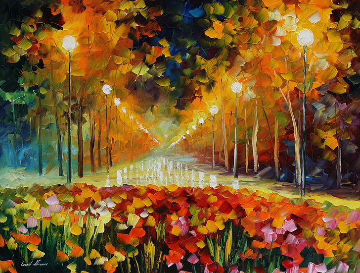 red, yellow, and pink flowers illustration, light, street, picture, lights, painting, Leonid Afremov, HD wallpaper