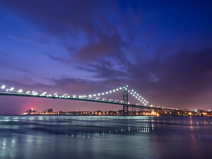 Brooklyn Bridge during nighttime, detroit, detroit, Good Morning, Brooklyn Bridge, nighttime, ambassador bridge, detroit river, mike, olympus omd em1, riverview park, sunrise, HD wallpaper