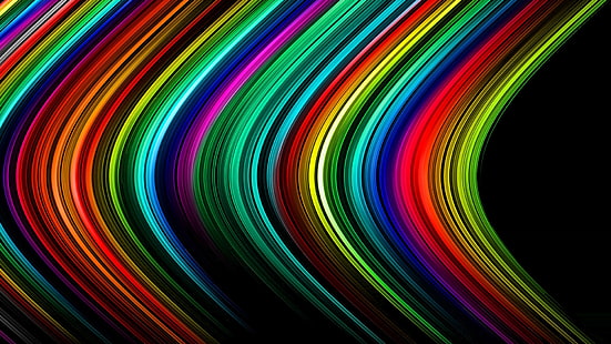 Linee astratte, strisce, arcobaleno, colori, luce, raggi, nero, blu, rosso, verde e viola opere d'arte dell'onda, astratto, linee, strisce, arcobaleno, colori, luce, raggi, Sfondo HD HD wallpaper