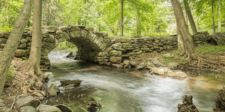 stone bridge over a river time lapse photography, Yankee, Foot Bridge, stone bridge, river, time lapse photography, Silver Stream, NY, Historic, Knox, Headquarters, General, nature, woods, creek, New  Windsor, Revolutionary  war, redcoats, forest, tree, stream, landscape, outdoors, waterfall, water, HD wallpaper