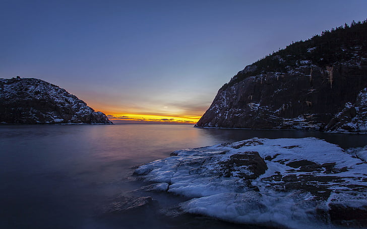cliff, inlet, landscapes, nature, ocean, sea, sky, snow, sunrise, sunset, winter, HD wallpaper