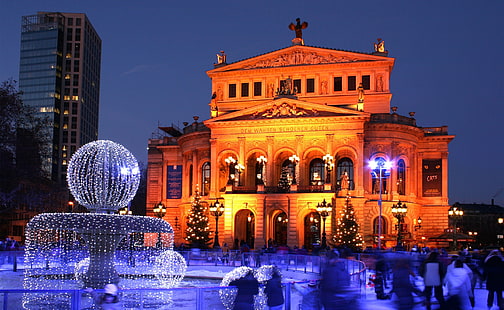 Gammal opera i Frankfurt am Main, Tyskland, vatten fontän, Europa, Tyskland, Opera, Frankfurt, Frankfurt am main, HD tapet HD wallpaper