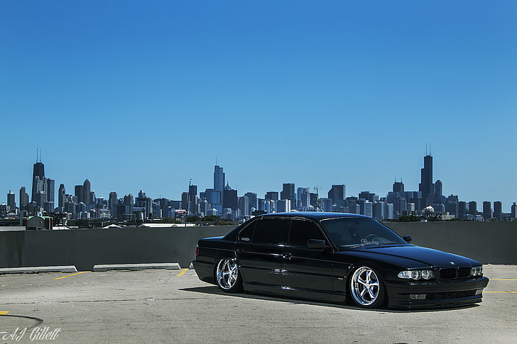 black BMW sedan, BMW, Boomer, Chicago, USA, tuning, Stance, E38, HD wallpaper