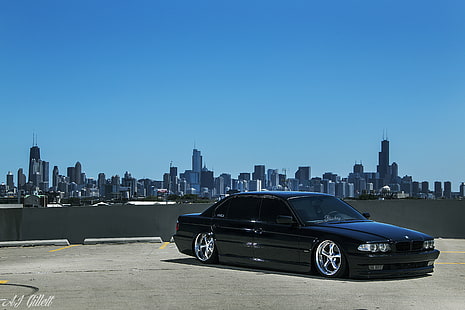 sedán BMW negro, BMW, Boomer, Chicago, EE. UU., puesta a punto, postura, E38, Fondo de pantalla HD HD wallpaper