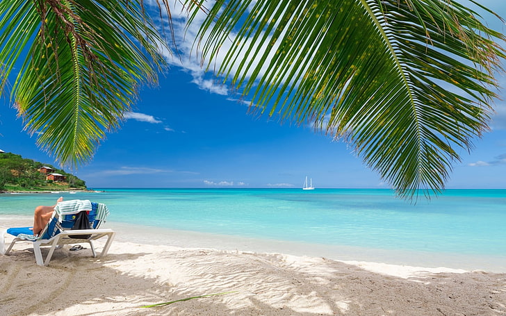 tumbona de playa azul, playa, verano, tropical, mar, naturaleza, paisaje, caribe, palmeras, arena, nubes, vacaciones, Fondo de pantalla HD