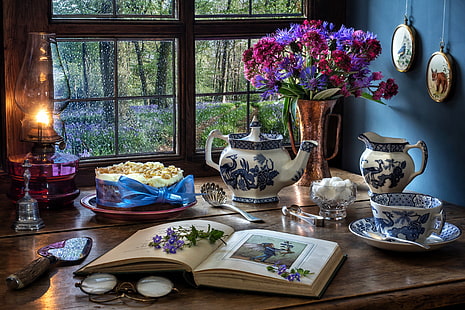 Фотография, натюрморт, книга, чаша, цвете, керосинова лампа, чайник, HD тапет HD wallpaper