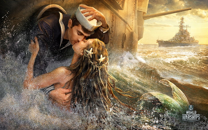 papel de parede beijando masculino e feminino, mar, sereia, beijo, navios, fantasia, marinheiro, World Of Warship, HD papel de parede
