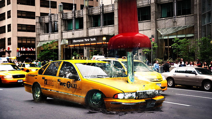 scooter giallo e rosso, taxi, manipolazione fotografica, macchine gialle, arte digitale, pin, Sfondo HD