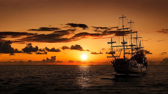 sunset, sea, pirate ship, ship, calm, horizon, sky, evening, dusk, orange sky, mast, history, HD wallpaper HD wallpaper