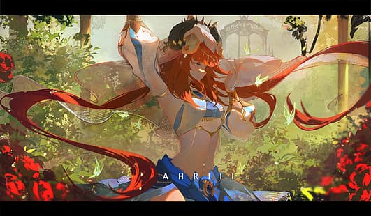 Genshin Impact, произведение искусства, Nilou (Genshin Impact), аниме, аниме девушки, голубые глаза, рыжая, белое платье, танцы, живот, пупок, два хвостика, рога, сад, HD обои HD wallpaper