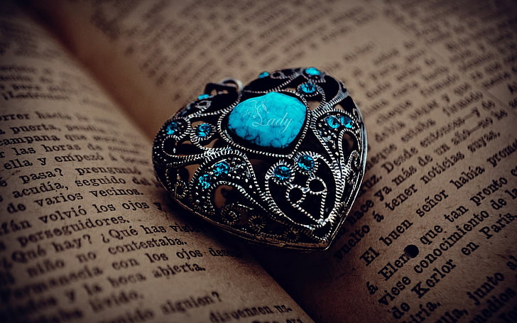 silver-colored and blue heart pendant, heart, pendant, book, bookmark, HD wallpaper