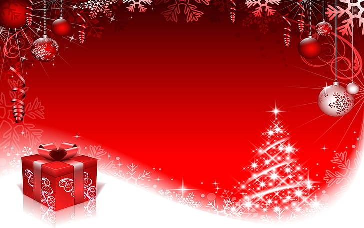 การตกแต่งคริสต์มาสสีแดงพร้อมภาพพื้นหลังเกล็ดหิมะ 2560 × 1600, วอลล์เปเปอร์ HD