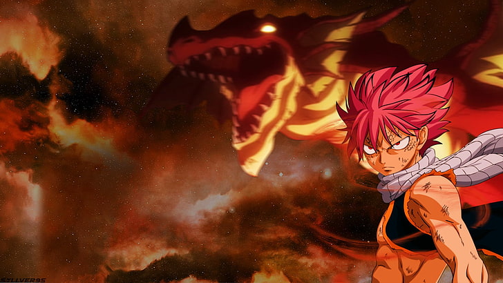 red haired male anime character wallpaper, Anime, Fairy Tail, Dragon, Fire, Igneel (Fairy Tail), Natsu Dragneel, HD wallpaper