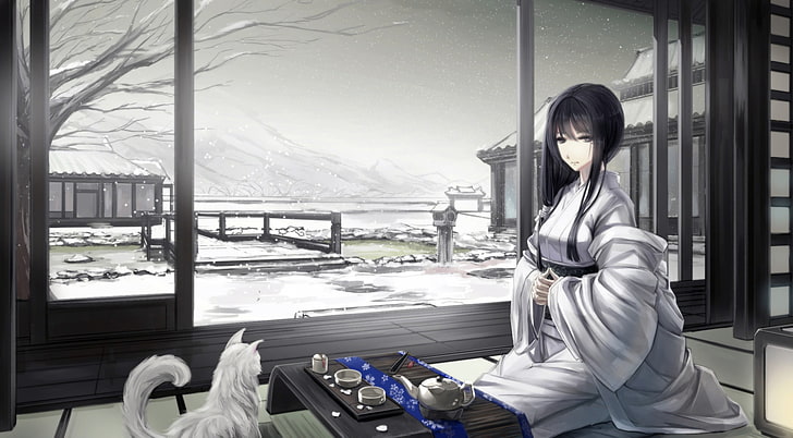 sitting black-haired female anime character, anime girls, original characters, Japanese clothes, Asian architecture, cat, snow, kimono, winter, black hair, Japanese, traditional clothing, HD wallpaper