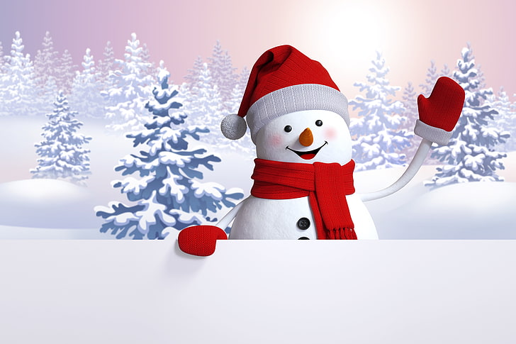 снежен човек, носещ червена шапка на Дядо Коледа, шал и ръкавици векторно изкуство, снежен човек, щастлив, зима, сняг, сладък, HD тапет