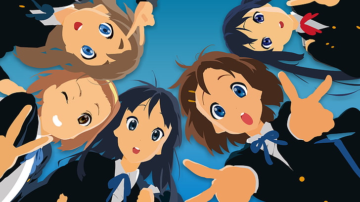 K-ON !, garotas de anime, Kotobuki Tsumugi, Tainaka Ritsu, Akiyama Mio, Hirasawa Yui, Nakano Azusa, sinal de paz, uniforme escolar, HD papel de parede
