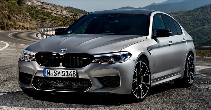 grey, BMW, the fence, sedan, mountain road, 4x4, 2018, four-door, M5, V8, F90, M5 Competition, HD wallpaper