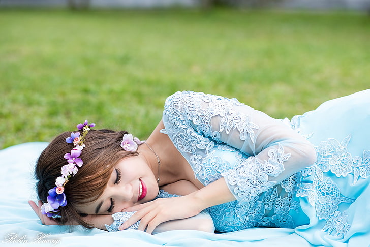 Asian, women, wreaths, brunette, lying on side, smiling, blue dress, HD wallpaper