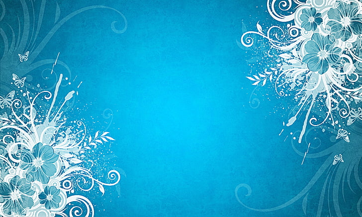 illustration de fleurs bleues et blanches, papillon, fleurs, fond bleu, Fond d'écran HD