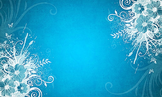 Ilustración de flores azules y blancas, mariposa, flores, fondo azul, Fondo de pantalla HD HD wallpaper