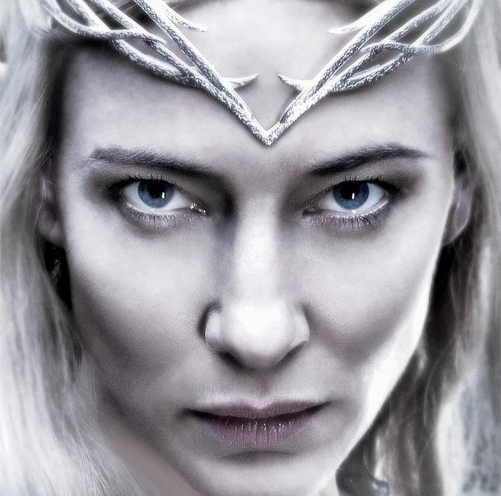 Hobbit (2012-2014), hobbit, plakat, elf, królowa, Cate Blanchett, galadriela, fantasy, aktorka, twarz, oczy, niebieski, Tapety HD
