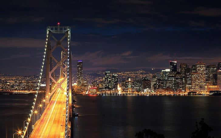 สะพาน, ซานฟรานซิสโก, สะพานซานฟรานซิสโก - โอ๊คแลนด์เบย์, เส้นทางแสง, เมือง, แสงไฟของเมือง, ทิวทัศน์ของเมือง, วอลล์เปเปอร์ HD