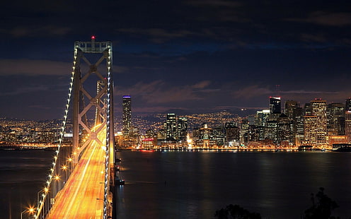 橋、サンフランシスコ、サンフランシスコオークランドベイブリッジ、光の道、都市、街の明かり、都市の景観、 HDデスクトップの壁紙 HD wallpaper