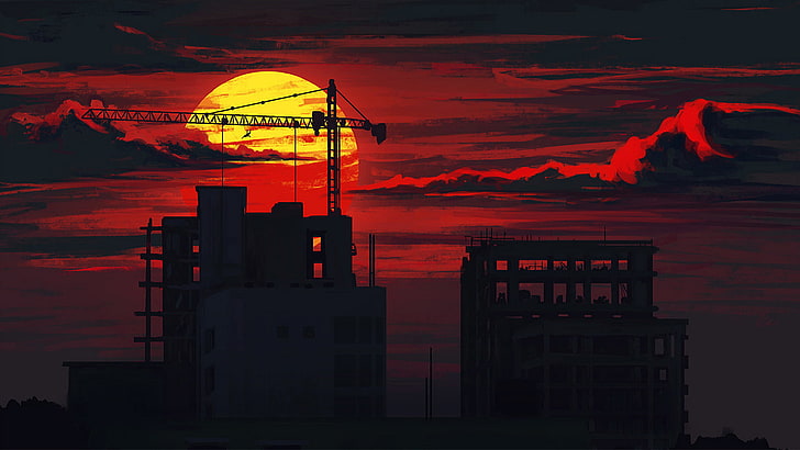 silhouette of buildings, sunset, construction, clouds, people, suicide, cranes (machine), HD wallpaper