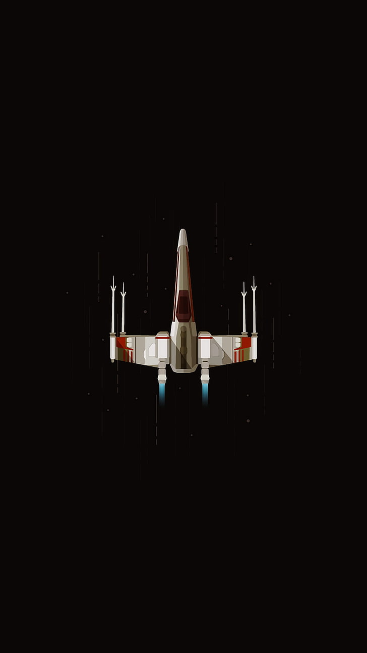 white and red space craft, digital art, portrait display, rocket, spaceship, simple background, minimalism, space, flying, black background, X-wing, Star Wars, HD wallpaper